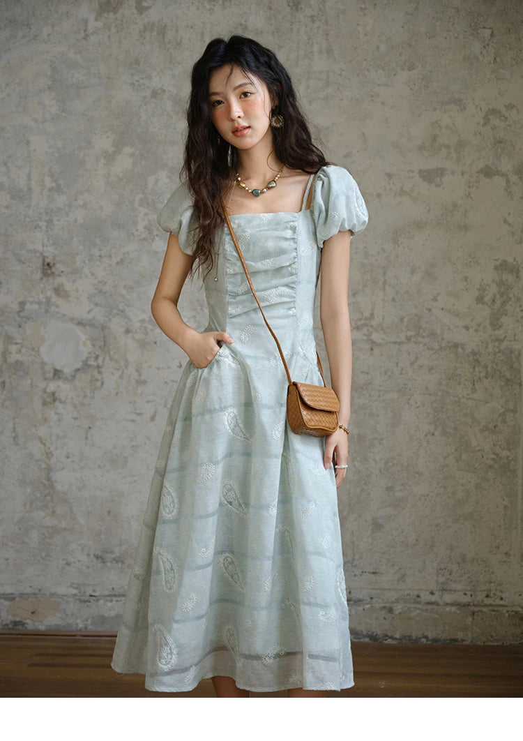 MISHOW Women's Puff Sleeve Dress 2025 Summer Fashion Paisley Embroidery Lady Pocket Dresses Vacation Women's Clothing MXE34L2265