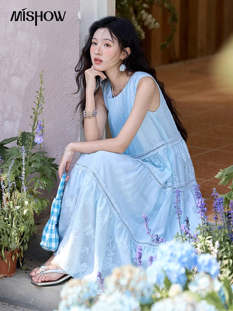 MISHOW Summer Embroidery Dress for Woman 2025 New O-Neck Sleeveless High Waist Hollow Out Lace Splicing Long Dress MXE35L2229