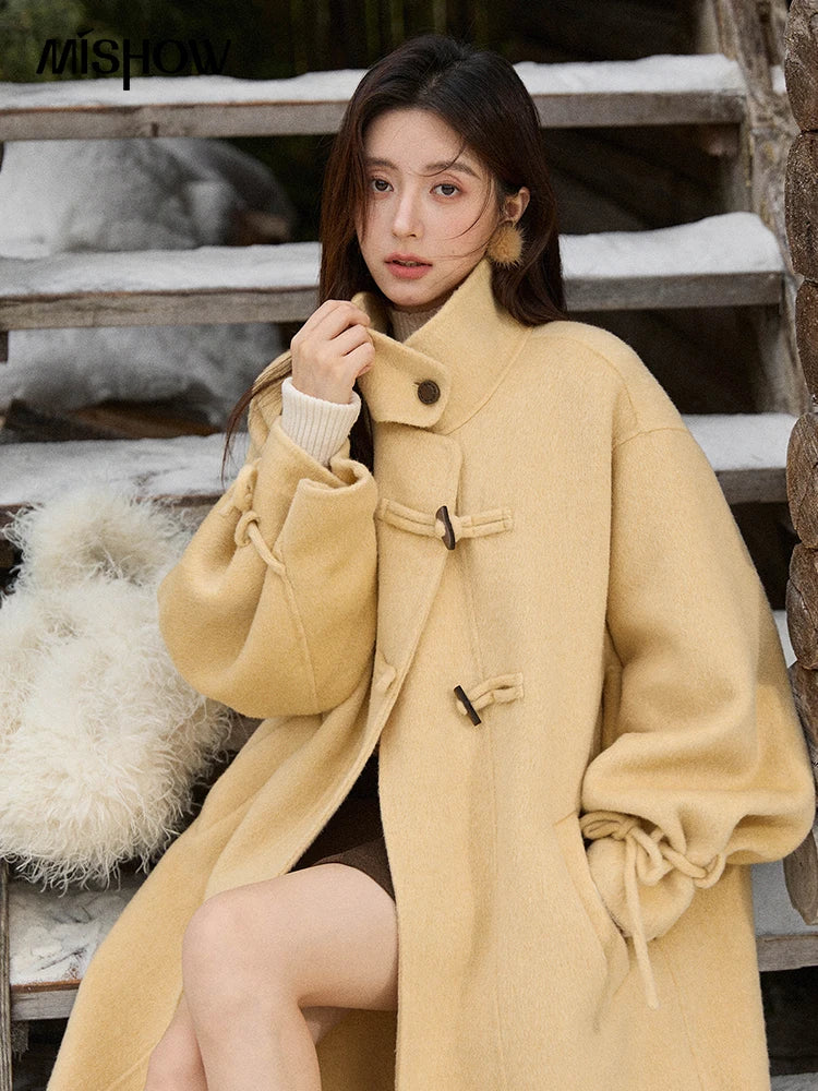 MISHOW Women's Long Coats 2025 Winter Yellow Double-faced 100% Wool Coat Windproof Lantern Sleeve Turtleneck Coat MXE51W0902