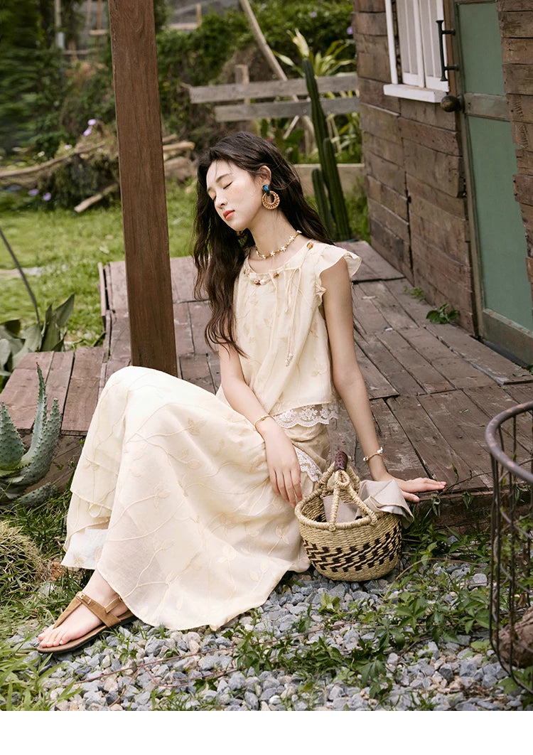 MISHOW Sweet Summer Skirt Sets Women New 2025 Short Flying Sleeve Round Neck Tops Hollow Embroidery A-line Skirt Lady MXE33T0545