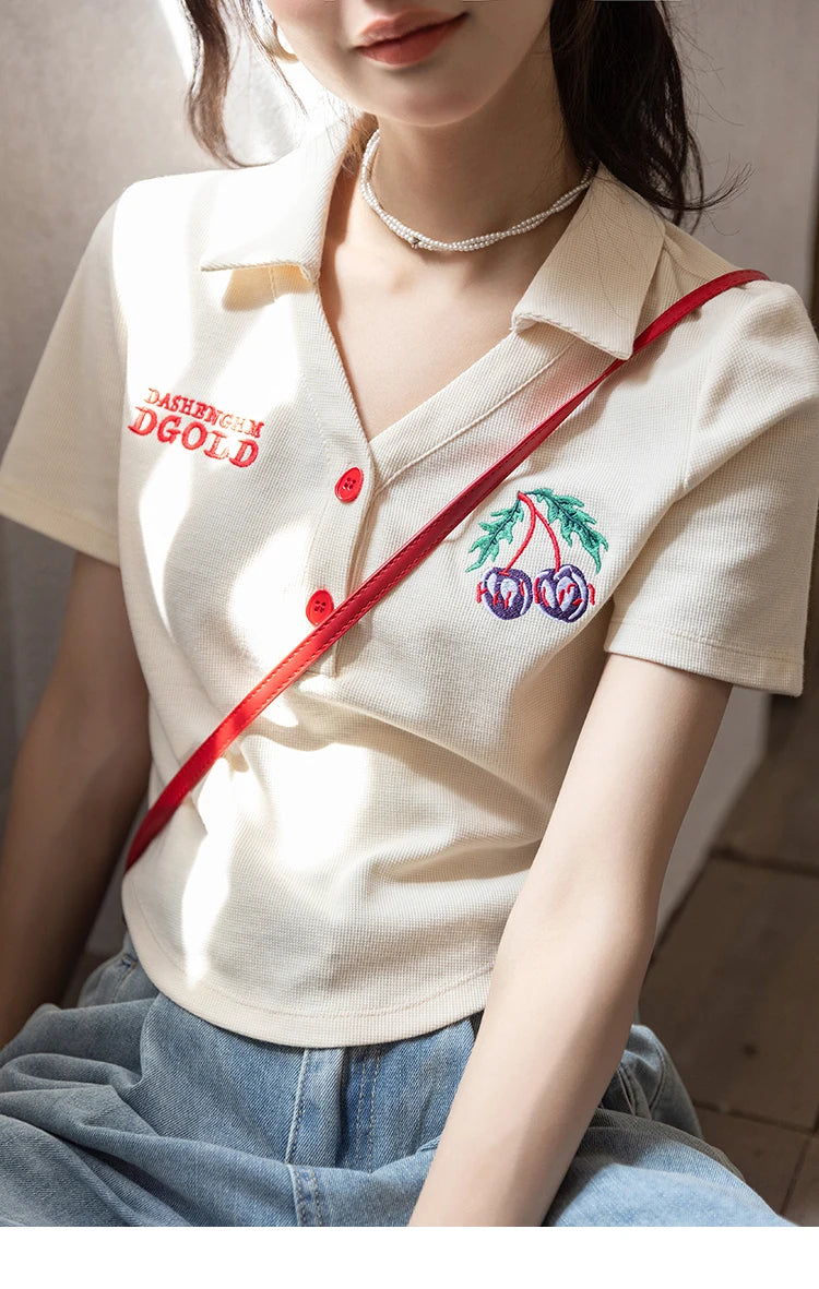 MISHOW Summer T-shirts for Women Korean Fashion Polo Collar Embroidery Letter Short Tops Harajuku Casual Solid Tees MXB32T0477