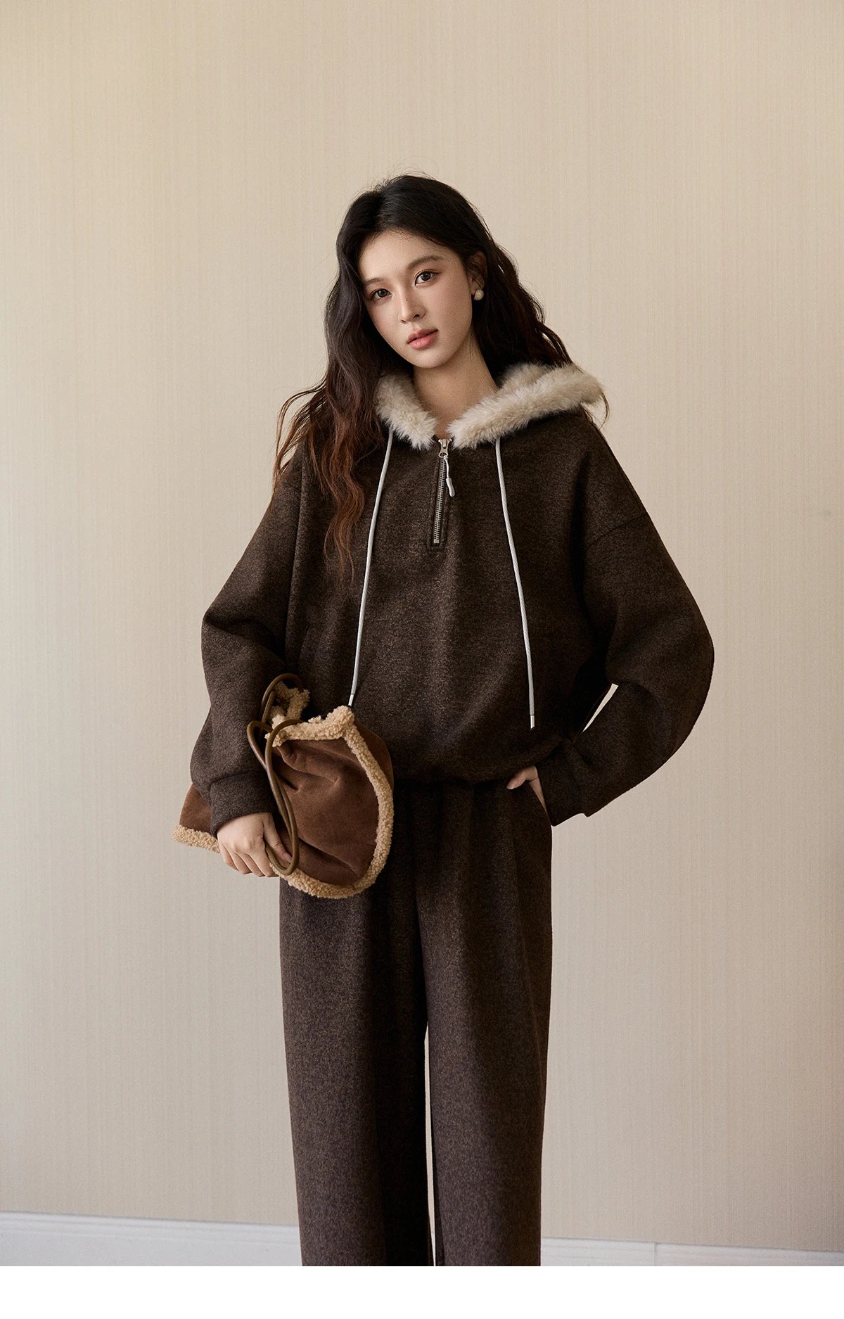 MISHOW Women's Brown Two-Piece Set 2025 Winter Faux Fur Hood Sweatshirt Elastic Waist Wide-Leg Pants Warm Casual Sets MXE94T1476