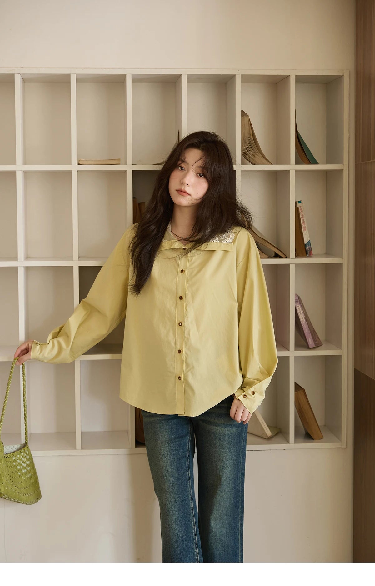 MISHOW Autumn Solid Cotton Shirt Autumn V-neck Double-layer Lace Retro Design Shirts Single Breasted Tops Office Lady MXE41C2366