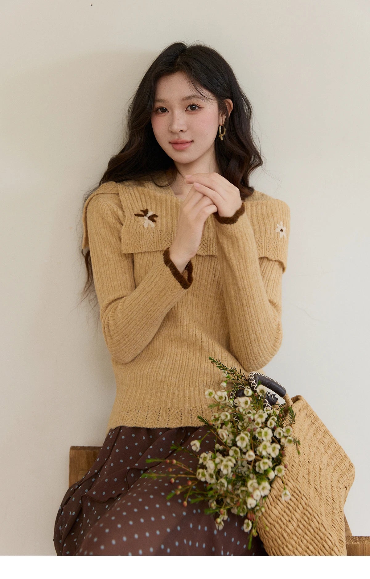 MISHOW Women's Yellow Ribbed Knit Sweater 2026 Spring One Shoulder Collar Floral Embroidery Long Sleeve Thin Sweaters MXF11Z2894