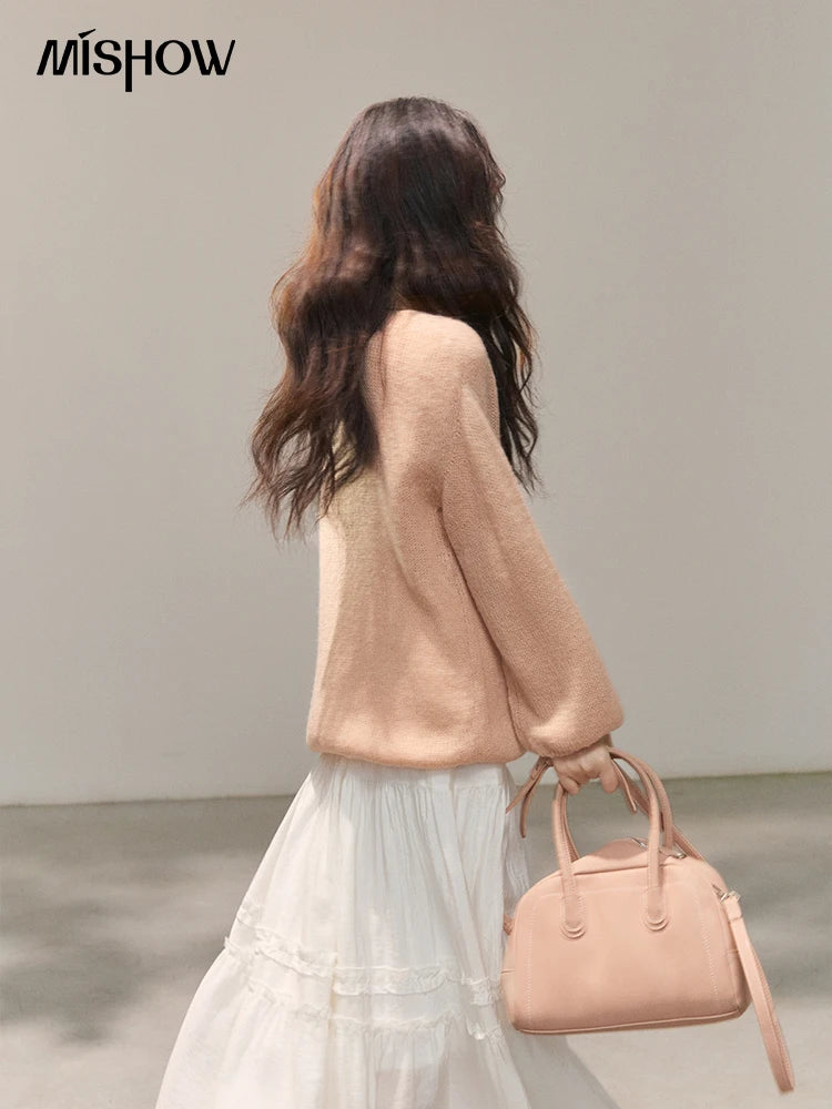 MISHOW 3D Floral Applique Crew Neck Knit Thin Sweater 2026 Spring Loose Casual Elegant Top Soft Pinkish Beige Sweater MXE47Z2649