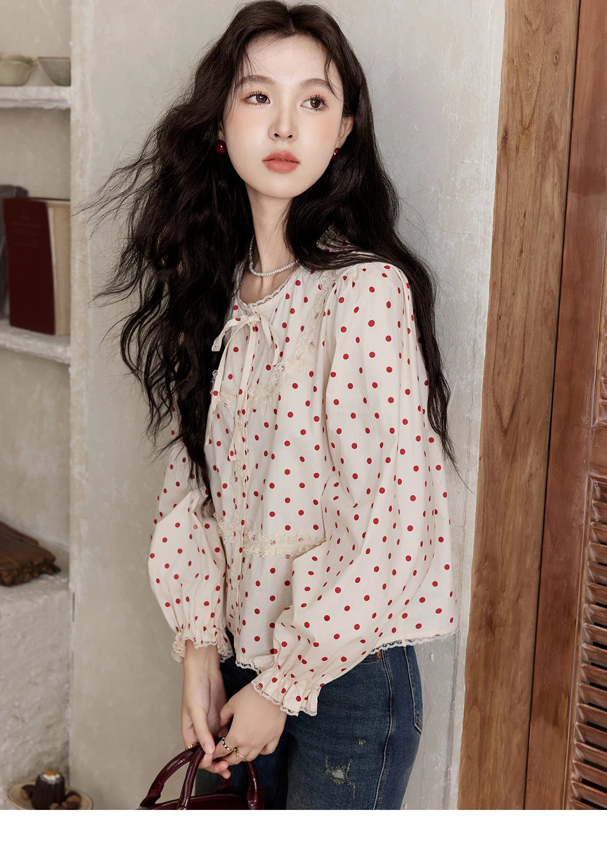 MISHOW Lace Up Polka Dot Round Neck Lace Shirt for Women Autumn 2024 Thin Sweets Shirt Elastic Petal Cuffs Chic Top MXD44X1667