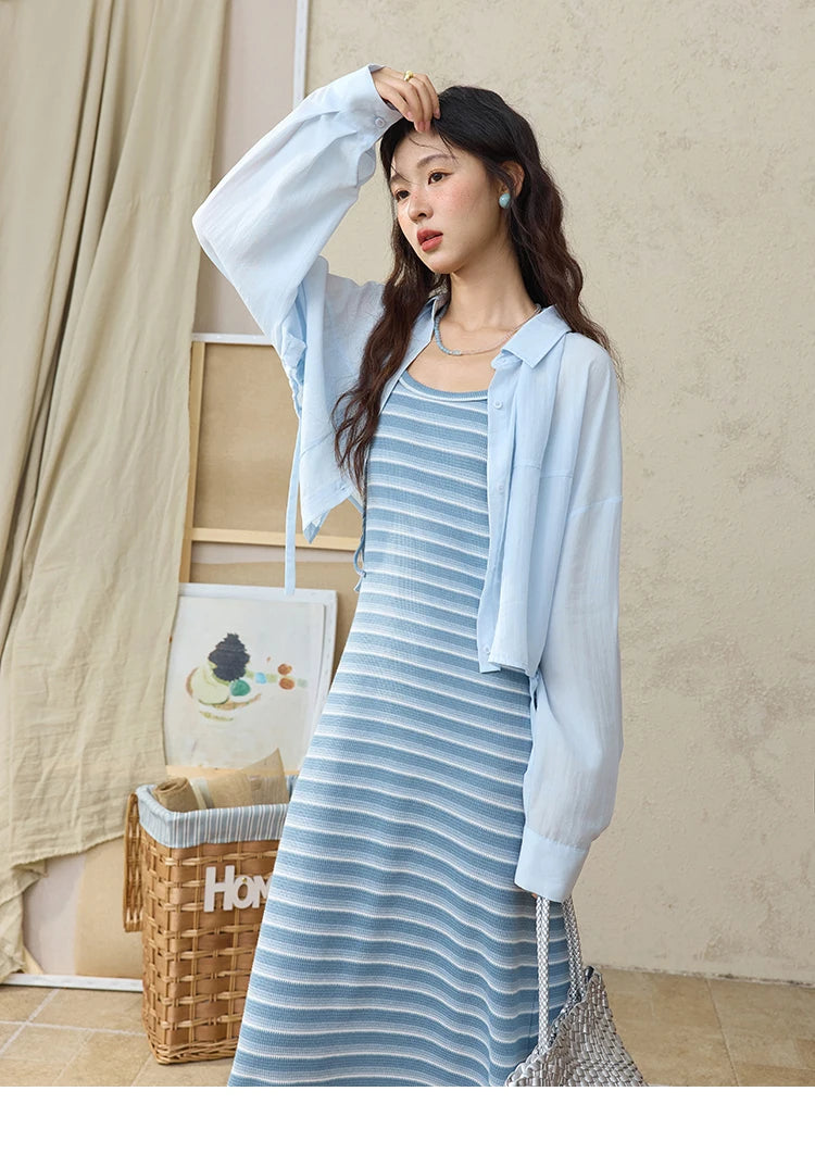 MISHOW Women's Blue Striped Camisole Dress Lyocell Shirt Separately Summer 2025 Lapel Solid Shirt O-neck Strap Dress MXE34L2285