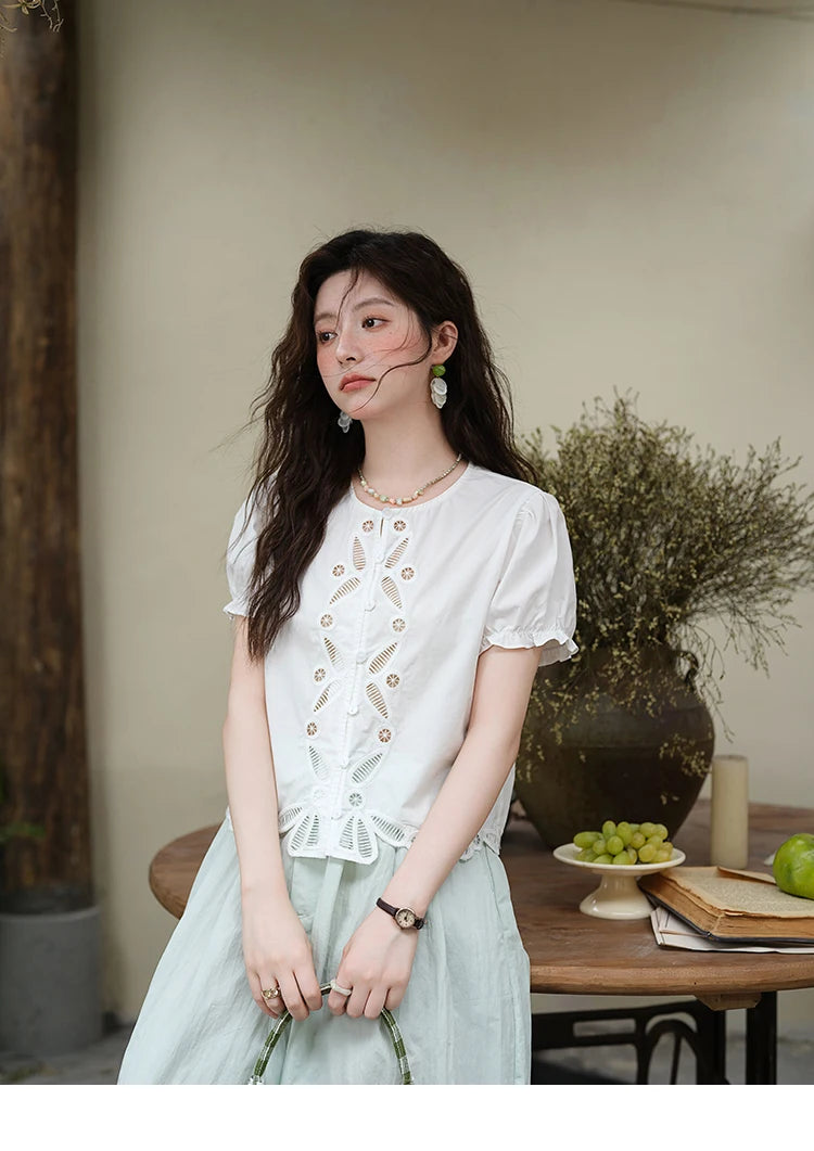 MISHOW 100%Cotton Hollow Embroidery Round Neck Shirt for Women 2025 Summer Puff Sleeve Casual Top Women's Clothing MXE39X1938