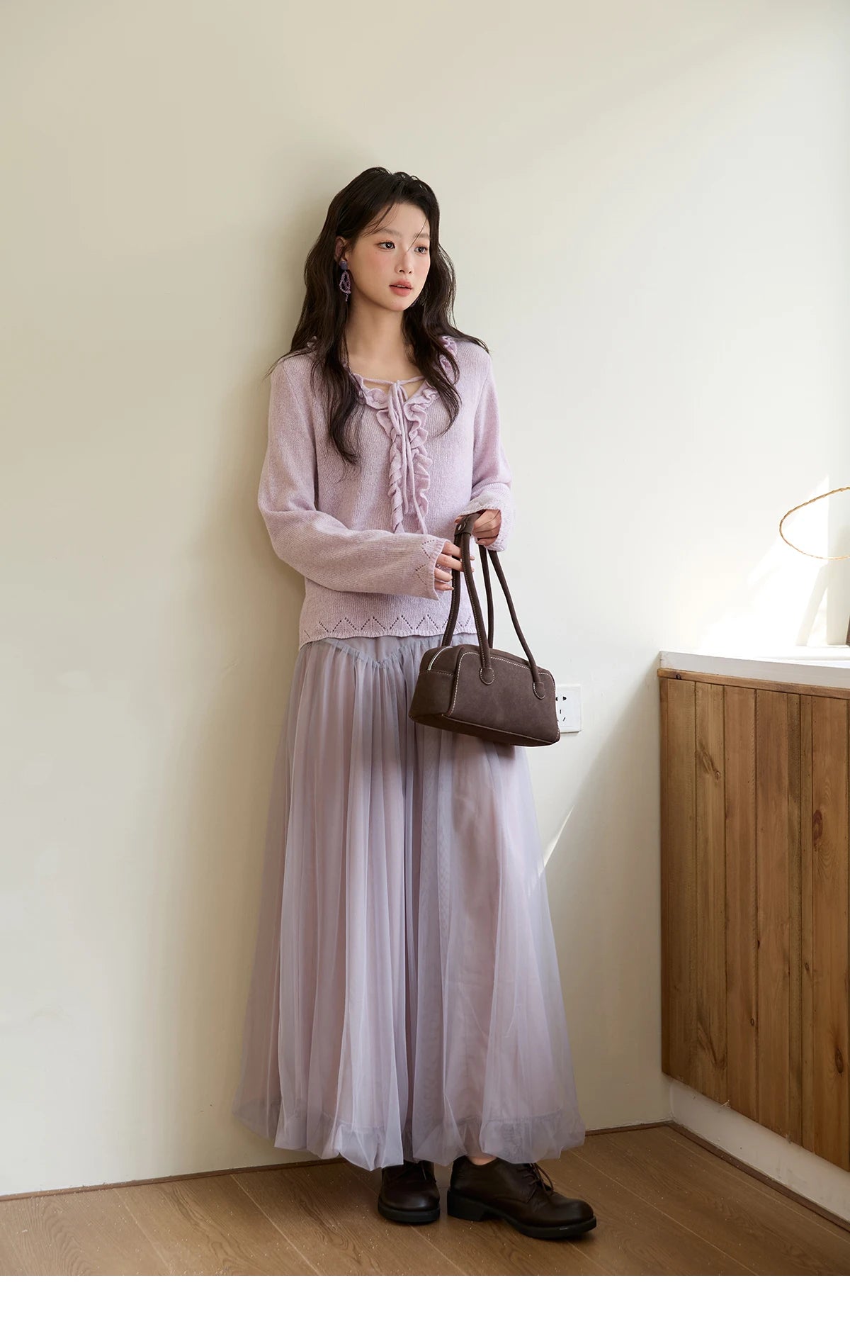 MISHOW Women Long Sleeve Tees 2025 Autumn New V-neck Wood Ear Hollow Out Knitted Sweater Women's  Beige Wool Top MXE51Z2595