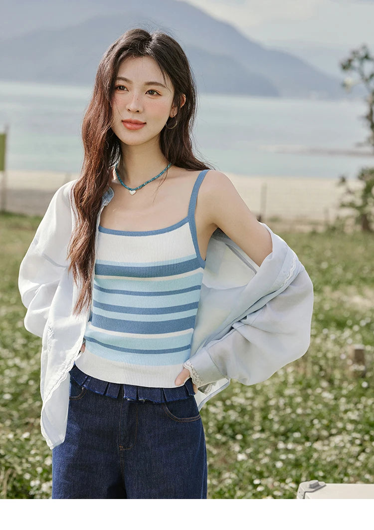 MISHOW Blue Striped Camisole Summer Women New 2025 Square Collar Loose Office Lady Tops Female Fashion Design Sense MXE31Z1221
