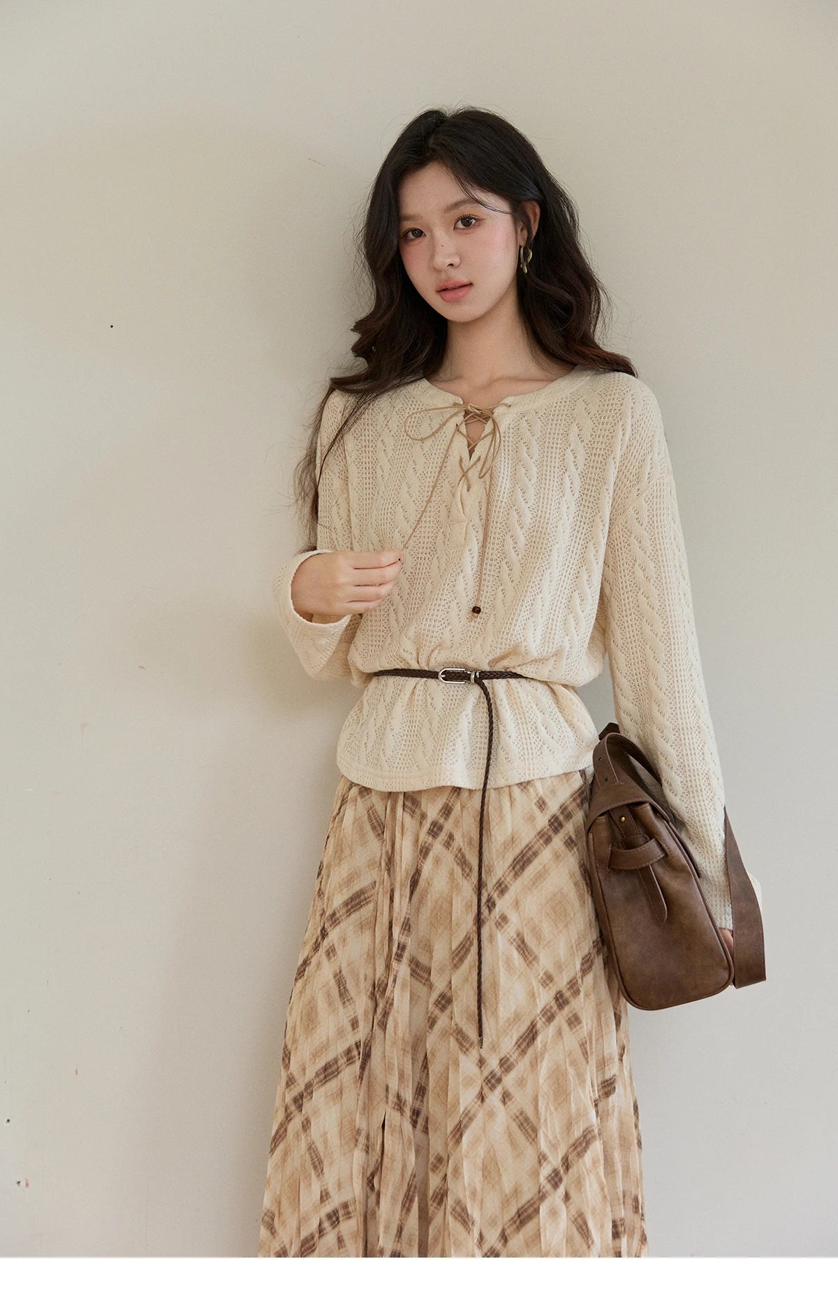 MISHOW Women's Beige Apricot Knitted Sweater 2026 Spring V-Neck Lace-Up Cable Knit Casual Loose Top Excluding Belt MXF108Z1029