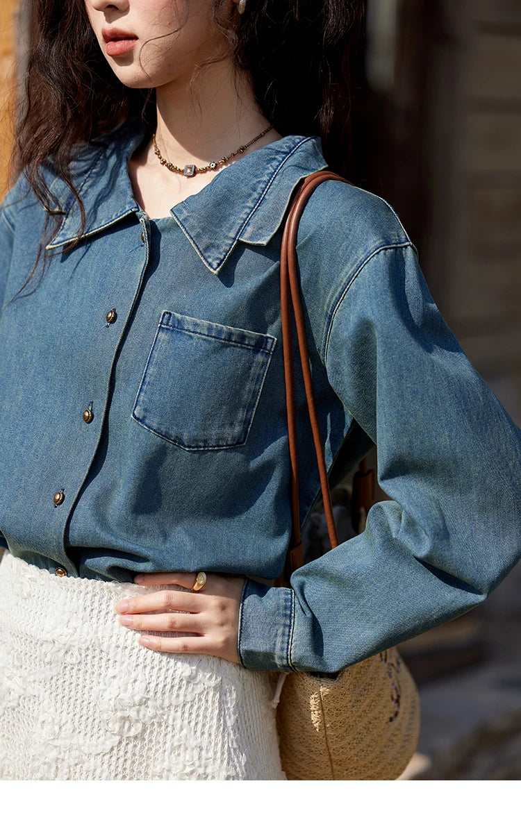 MISHOW Retro Washed Denim Shirt Spring 2025 Double Layered Patchwork Collar Shirt Metal Buckle Single Breasted Tops MXE12C0751