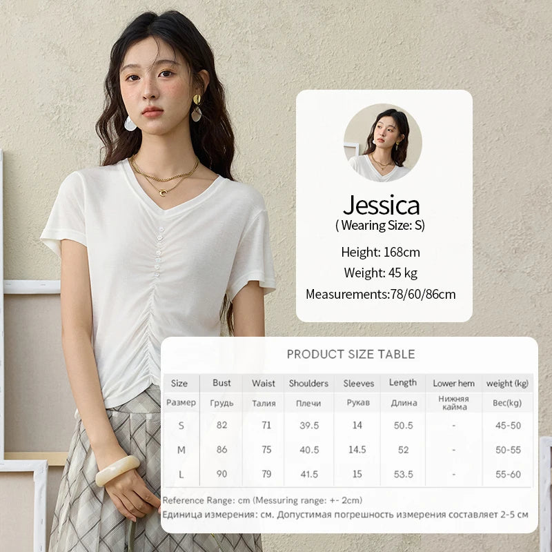 MISHOW V-neck Short Sleeve T-shirt Summer 2025 Mid Front Elastic Fold Single Row Shell Button Tees Casual Slim Tops MXE34T0560