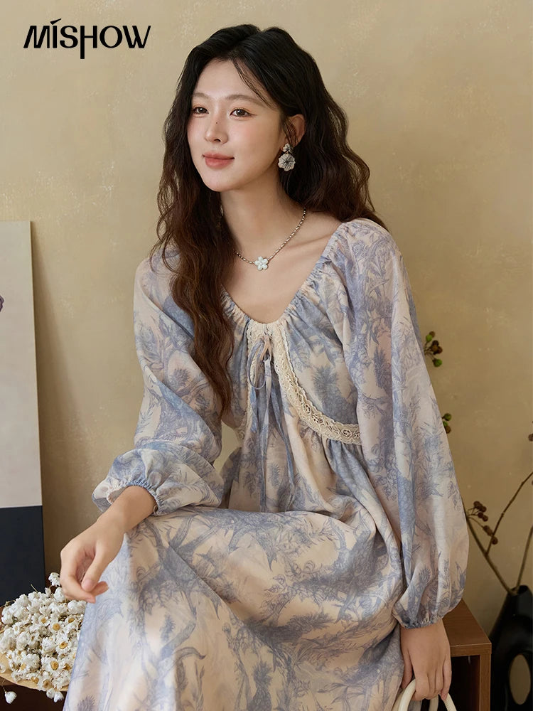 MISHOW Woman Elegant Dress 2025 Autumn Romantic Blue Floral Dress Lace Panel Drawstring A-line Long Dress Autumn MXE45L2507