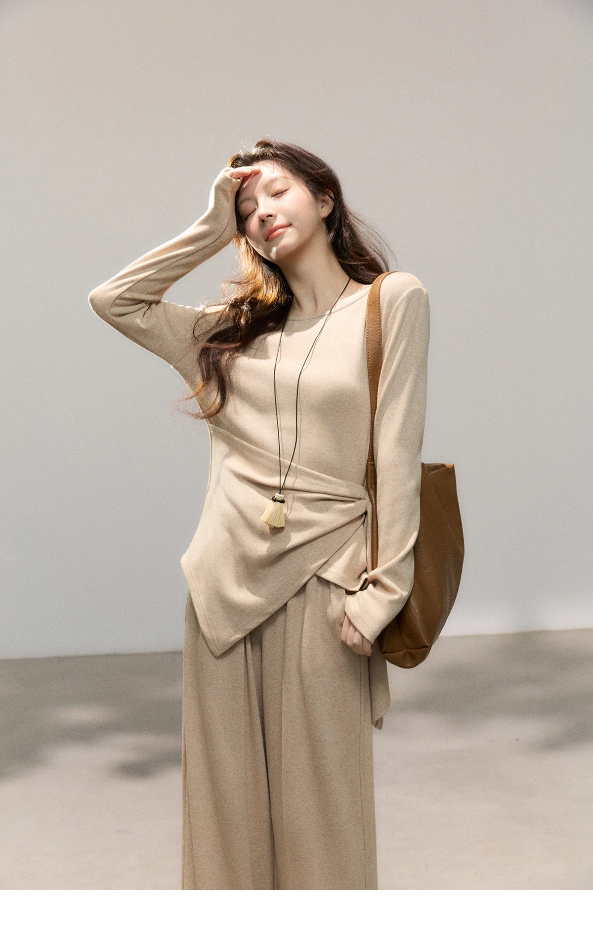MISHOW Women's Khaki Knitted Two-Piece Set 2026 Spring Asymmetrical Hem Waist-Cinched Top Wide Leg Pants Casual Sets MXF11T1465