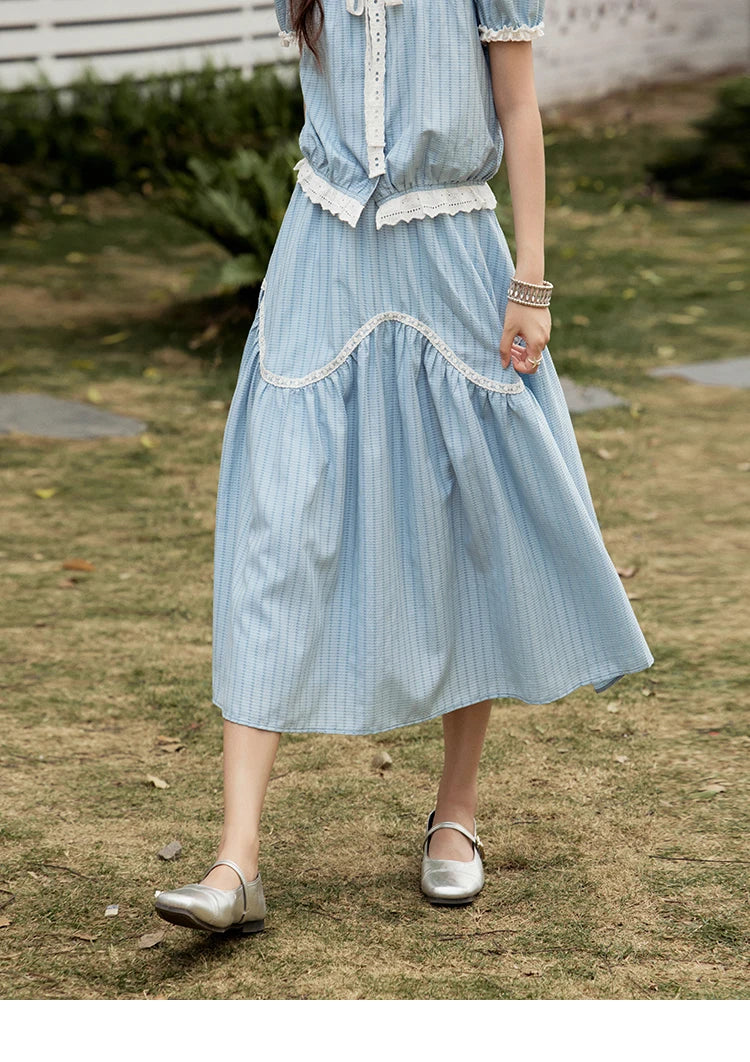 MISHOW Elegant Summer Skirts Sets Women 2025 Short Sleeve V-neck Tops Blue Stripe Lace A-line Skirt Woman Slimming MXE31T0531