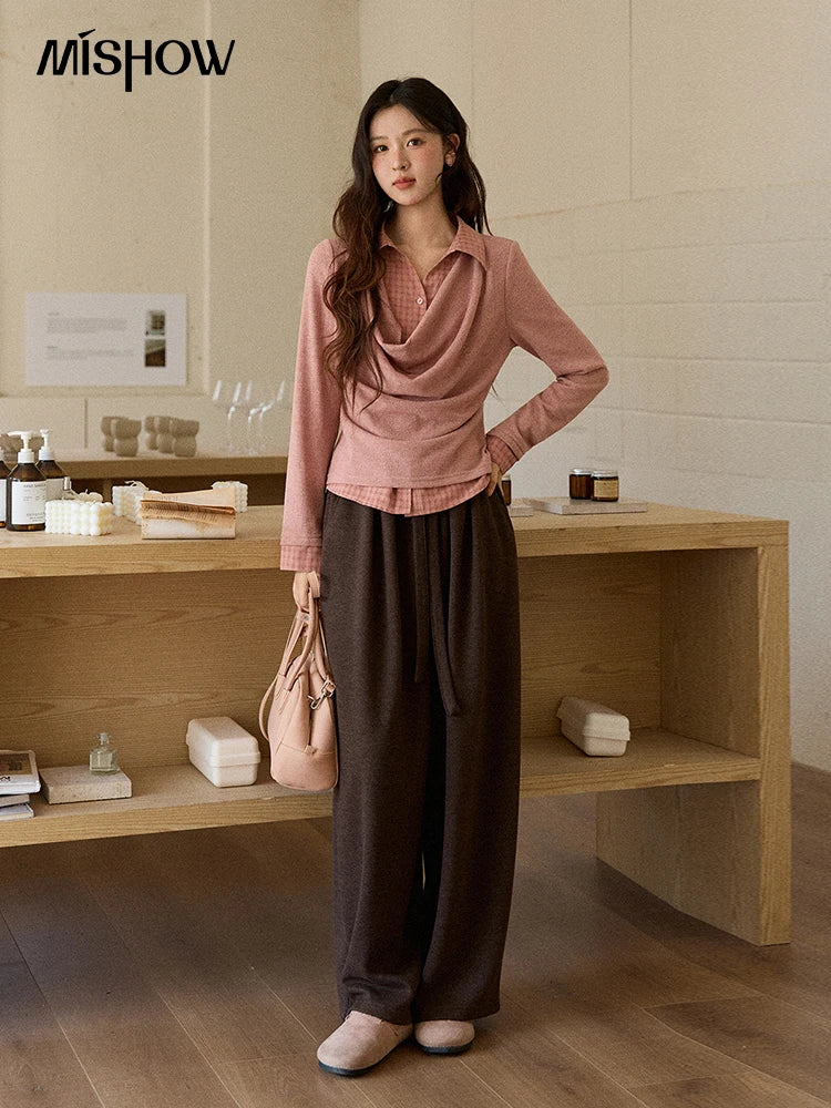 MISHOW Women Knit Top 2025 Winter Faux Two-piece Pullovers Retro Plaid Patchwork Draped Collar Luxury Design Pink Top MXE87Z2747