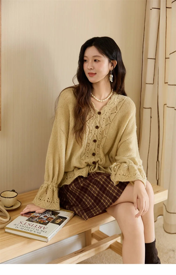 MISHOW Handmade Crochet Sweater Cardigan Autumn Mohair Flare Sleeve Knitted Tops Wave V-neck Lace-up Waist Sweater MXE47Z2513