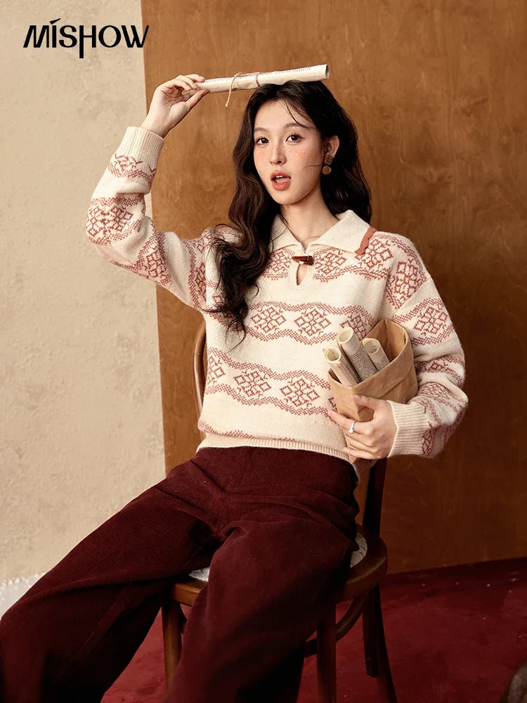 MISHOW Fair Isle Knitting Sweater Women Christmas Turn Down Collar Pullovers Versatile Soft Warm Office Lady Warm Top MXD59Z1042