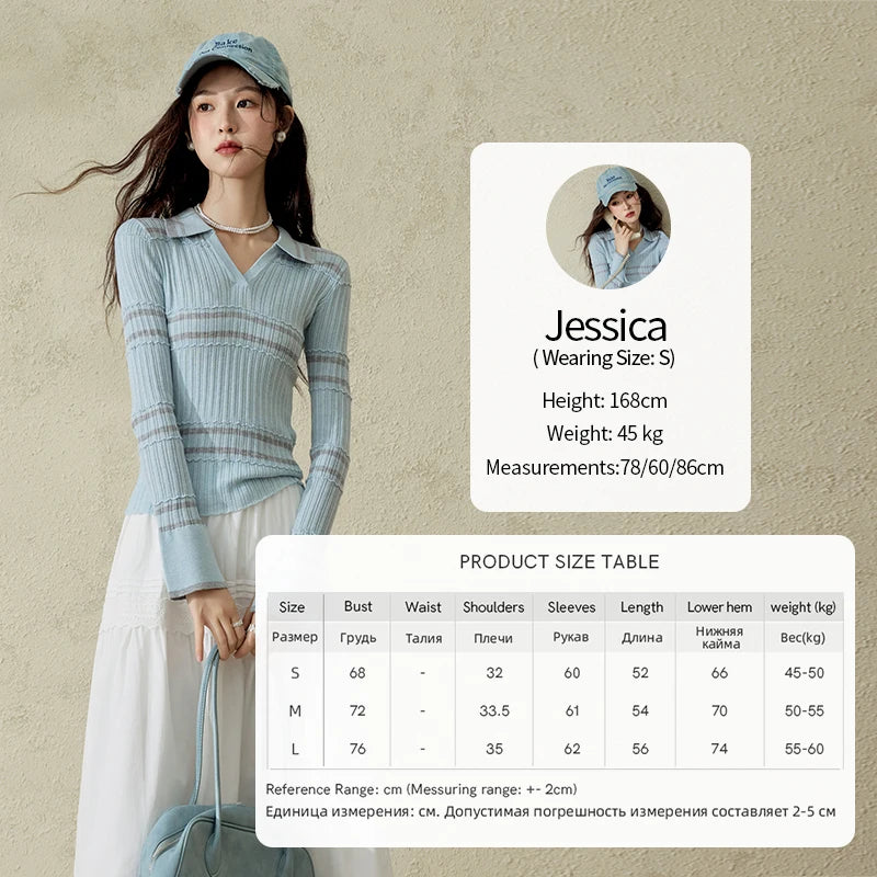 MISHOW Striped Knitted Tops for Women Spring 2025 Contrast Color Striped Slim V-neck Trumpet Sleeves Commuter Outfit MXE13Z1141