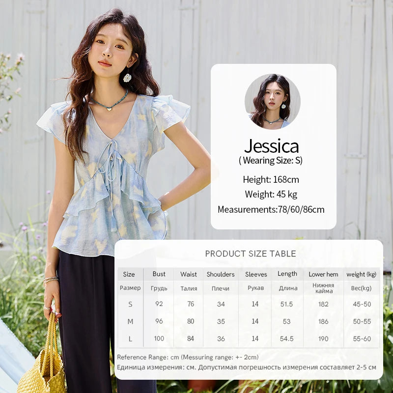 MISHOW Blue Double-layer Ruffled Linen V-neck Blouse for Women Summer 2025 Slim Flying Sleeve Breathable Lace-up Tops MXE33X1819