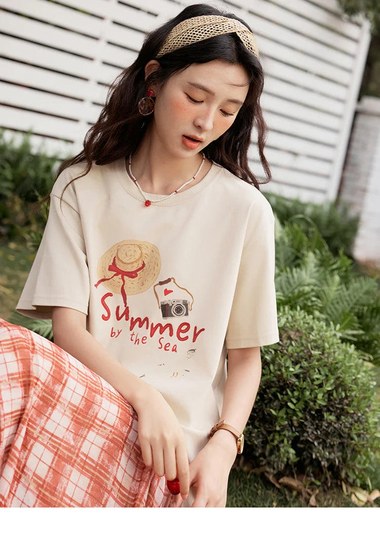 MISHOW Women's Print T-shirt 2025 Summer New Loose Casual T-shirt Ladies Round Neck Short Sleeve Tee Female Clothing MXE34T0559