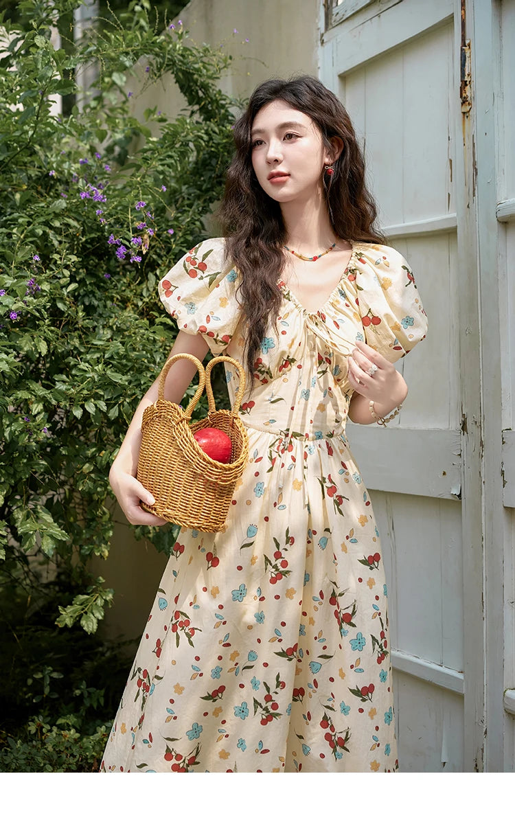 MISHOW French 100 Cotton Floral V-neck Dress Women 2025 Summer Bubble Sleeve Drawstring Lace-up Temperament Dresses MXD30L1868