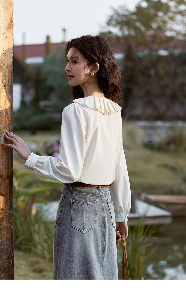 MISHOW French Tucker Pleats Doll Neck Shirt for Women 2025 Spring Straight Shirt Ruffled O Neck Shirts Office Lady MXE12C0401