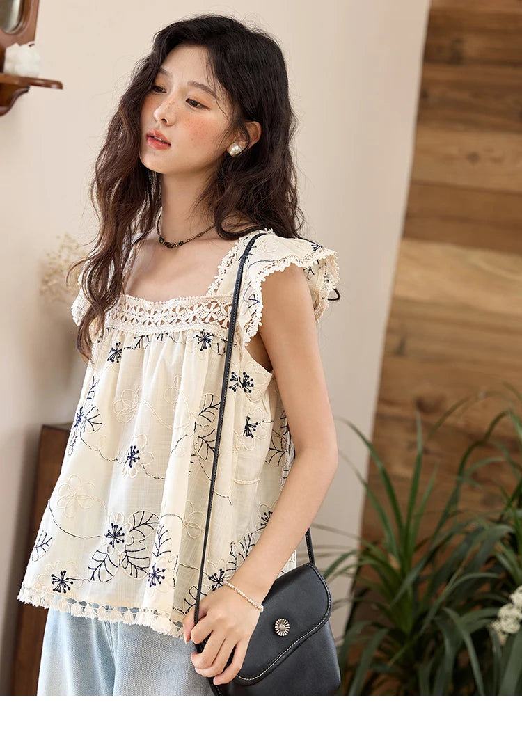 MISHOW Square Collar Embroidered Doll Blouses for Women Summer 2025 Flying Sleeve Patchwork Lace Tassels Retro Tops MXE35X1839