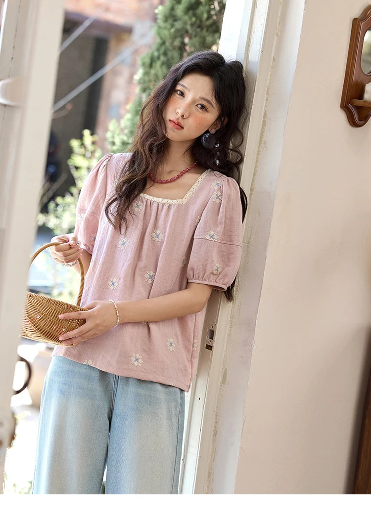MISHOW Pink Embroidered Linen Floral Blouse for Summer 2025 A-line Square Collar Blouses Lace Patchwork Loose Tops MXE35X1834
