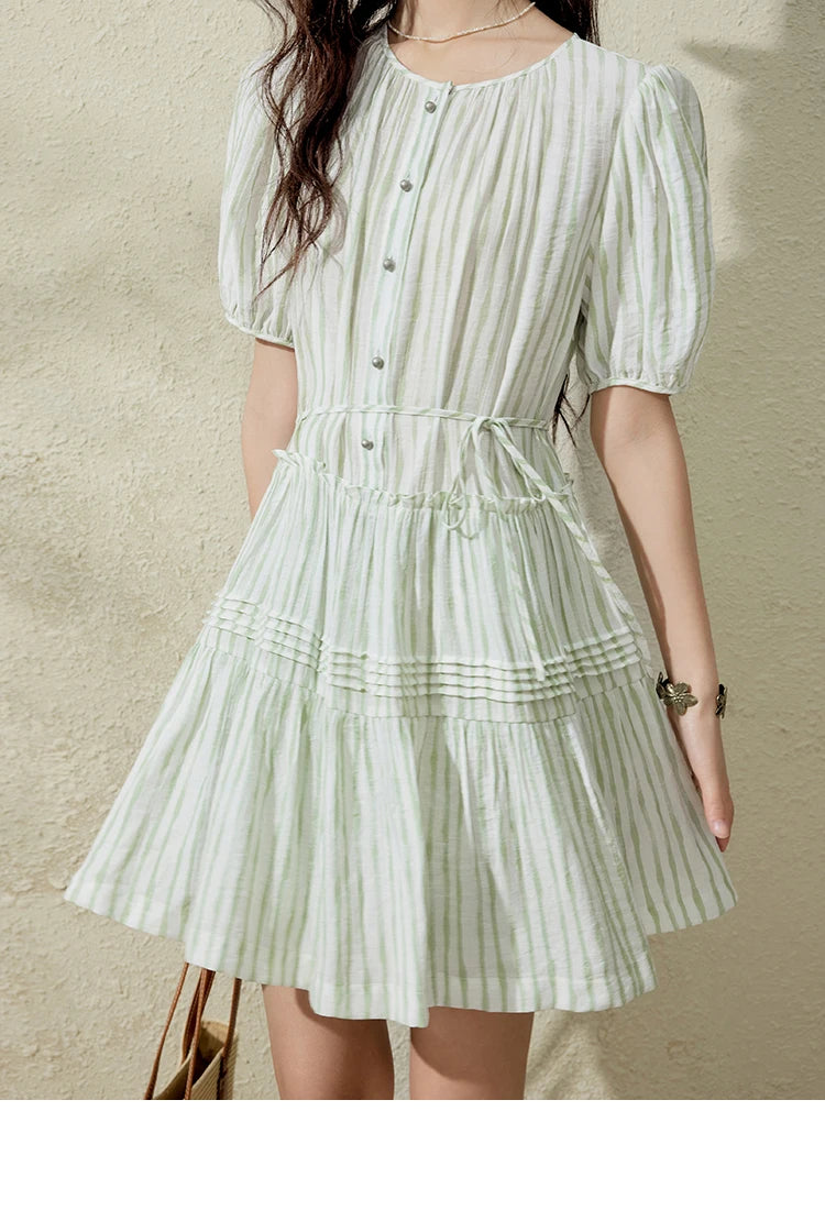 MISHOW French Green Striped Dress Women Summer 2025 Short Puff Sleeve Round Neck New Mid-length Dresses Woman Fashion MXE15L2141