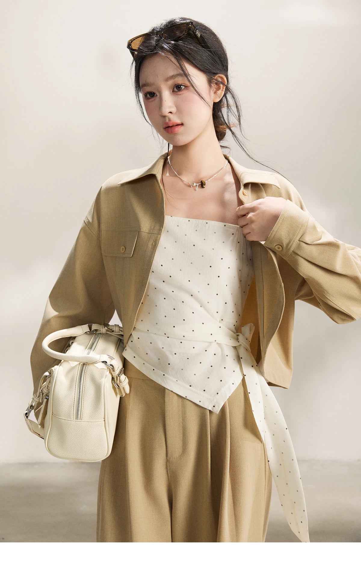 MISHOW Women's Khaki Three-Piece Set Spring Cropped Lapel Short Jacket Irregular Polka Dot Vest Wide Leg Pants Set MXF13T1478