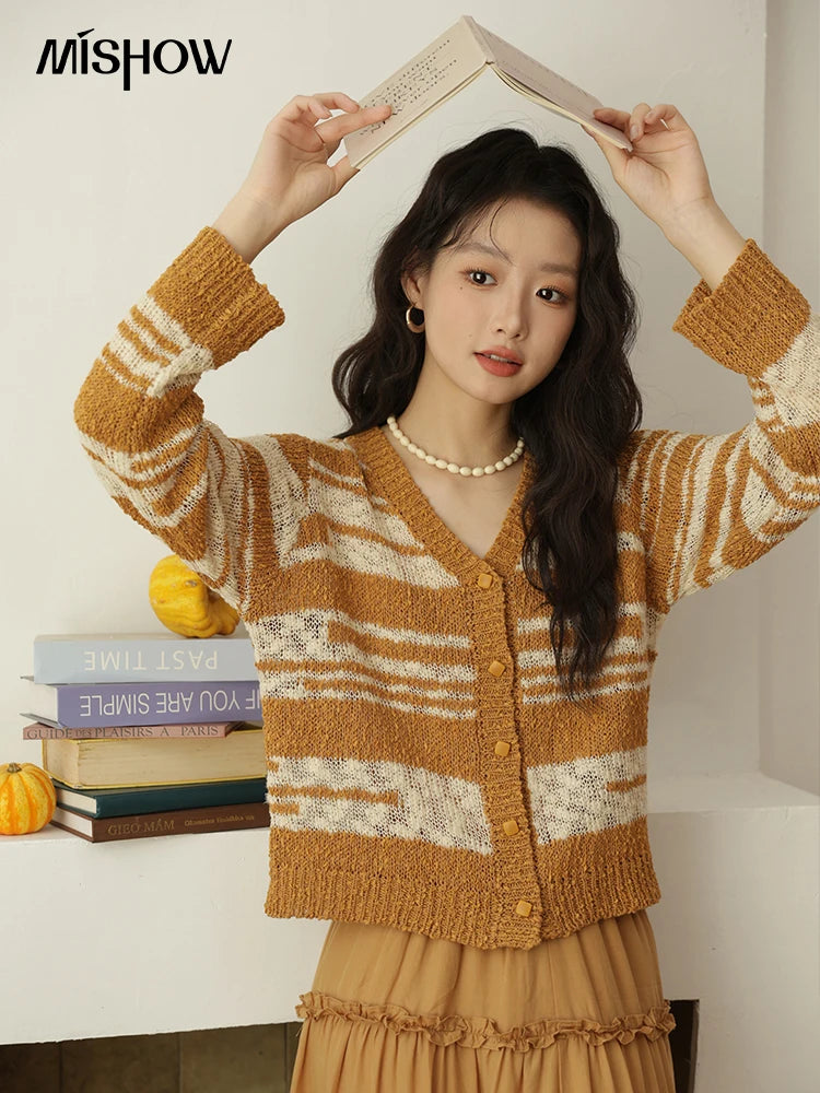 MISHOW Women's Striped Cardigan 2025 Autumn New Retro Yellow V-neck Long Sleeves Single-breasted Short Sweater Coats MXE44Z2516