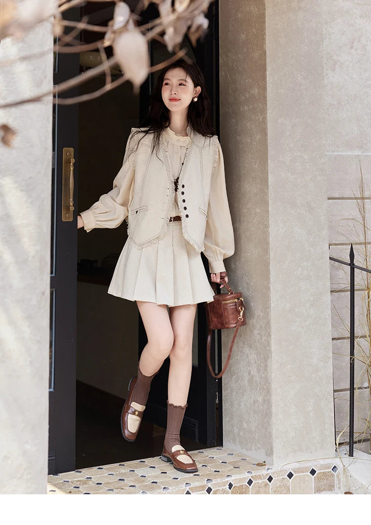 Mishow French Apricot Stand Collar Shirt & Pleated Mini Skirt Set MXD48C0365