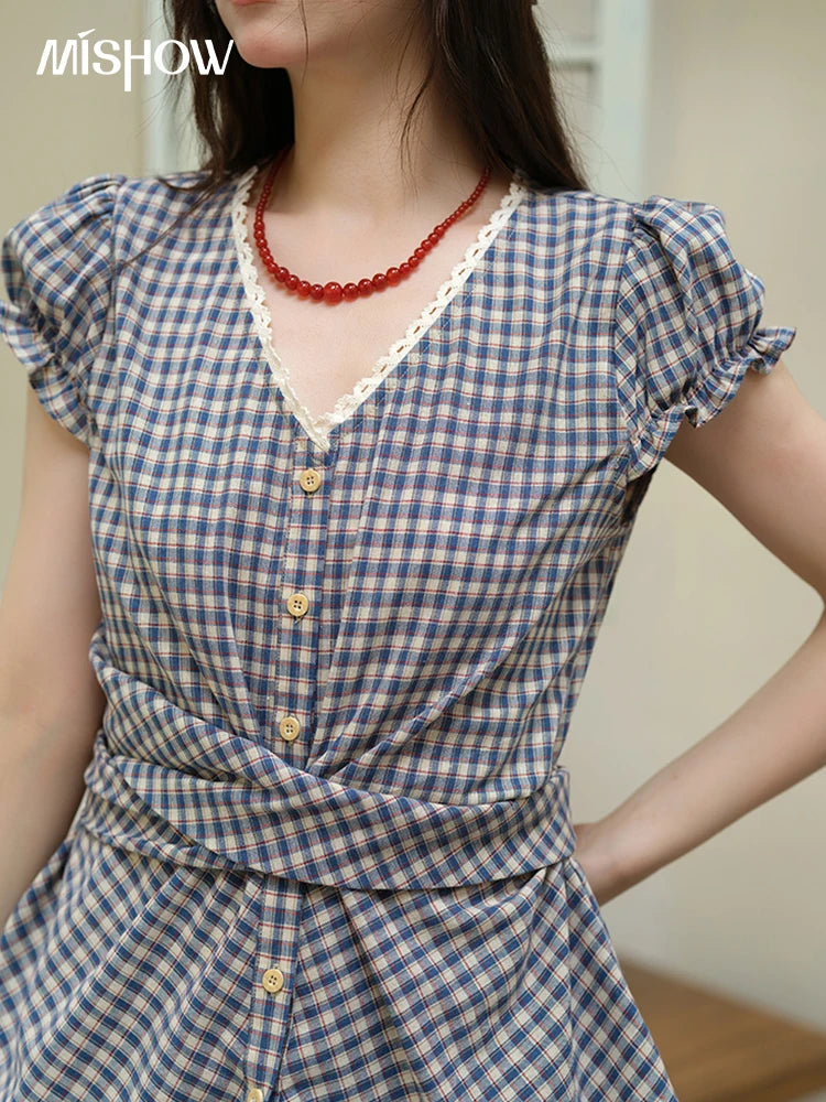 MISHOW Women's Garment Sleeves Plaid Shirt 2025 Summer New Fashion Lace V-neck Shirt Button Belt Top Female Clothing MXE36X1814