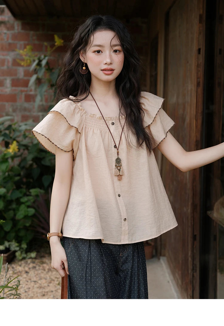 MISHOW Women's Fashion Butterfly Sleeve Blouse Summer 2025 New Loose Casual Square Neck Button Top Women's Clothing MXE37X1854