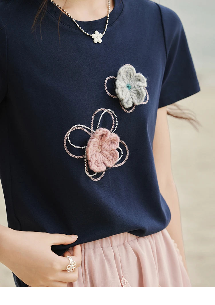 MISHOW Casual Summer Print T-shirts Women New 2025 Short Sleeve Round Neck Flower Beaded Shirts Female Fashion Tops MXE33T0499