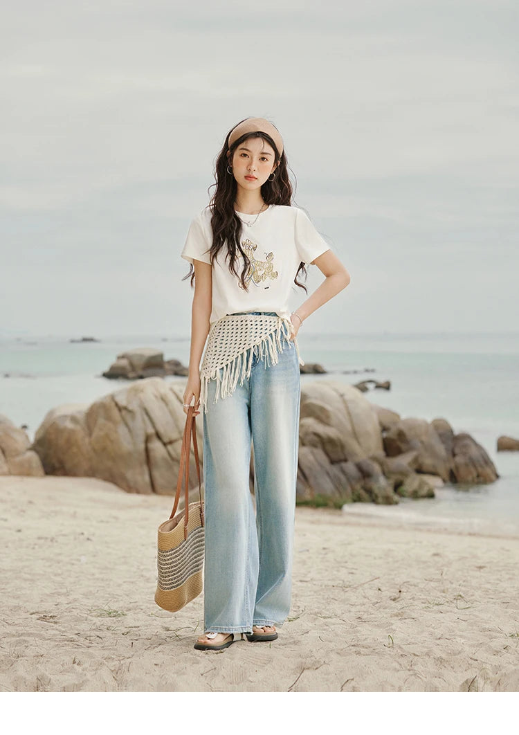 MISHOW Print Women‘s Summer T-shirts 2025 Short Sleeve Round Neck Loose Design Shirt Female Slim Embroidery Tops Lady MXE31T0550