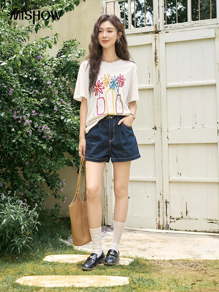 MISHOW 100 Cotton Pocket Embroidered Flower Denim Shorts for Women 2024 Summer Dark Blue Loose Casual Wide Leg Pants MXD26K0707