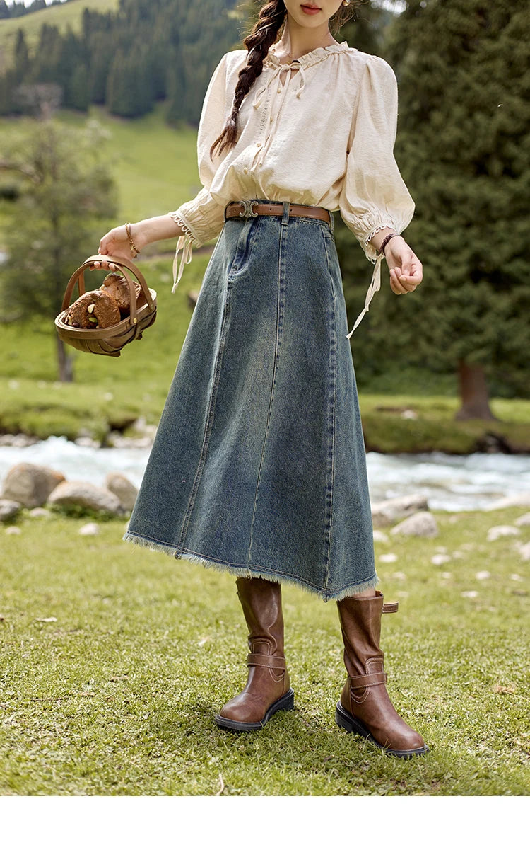 MISHOW Washed Hem Fringed Denim Midi Skirt 2024 Autumn Commuting Versatile A-line Long Skirt Retro Blue Casual Skirts MXD41B0453