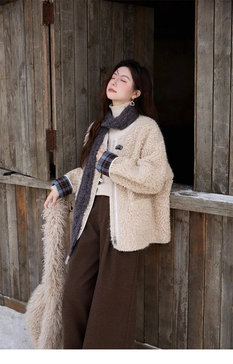 MISHOW Plaid Patchwork Curly Lambswool Coat Winter 2025 Women's Fashion Coat Double-Front Retro Casual Loose Jacket MXE87W0939