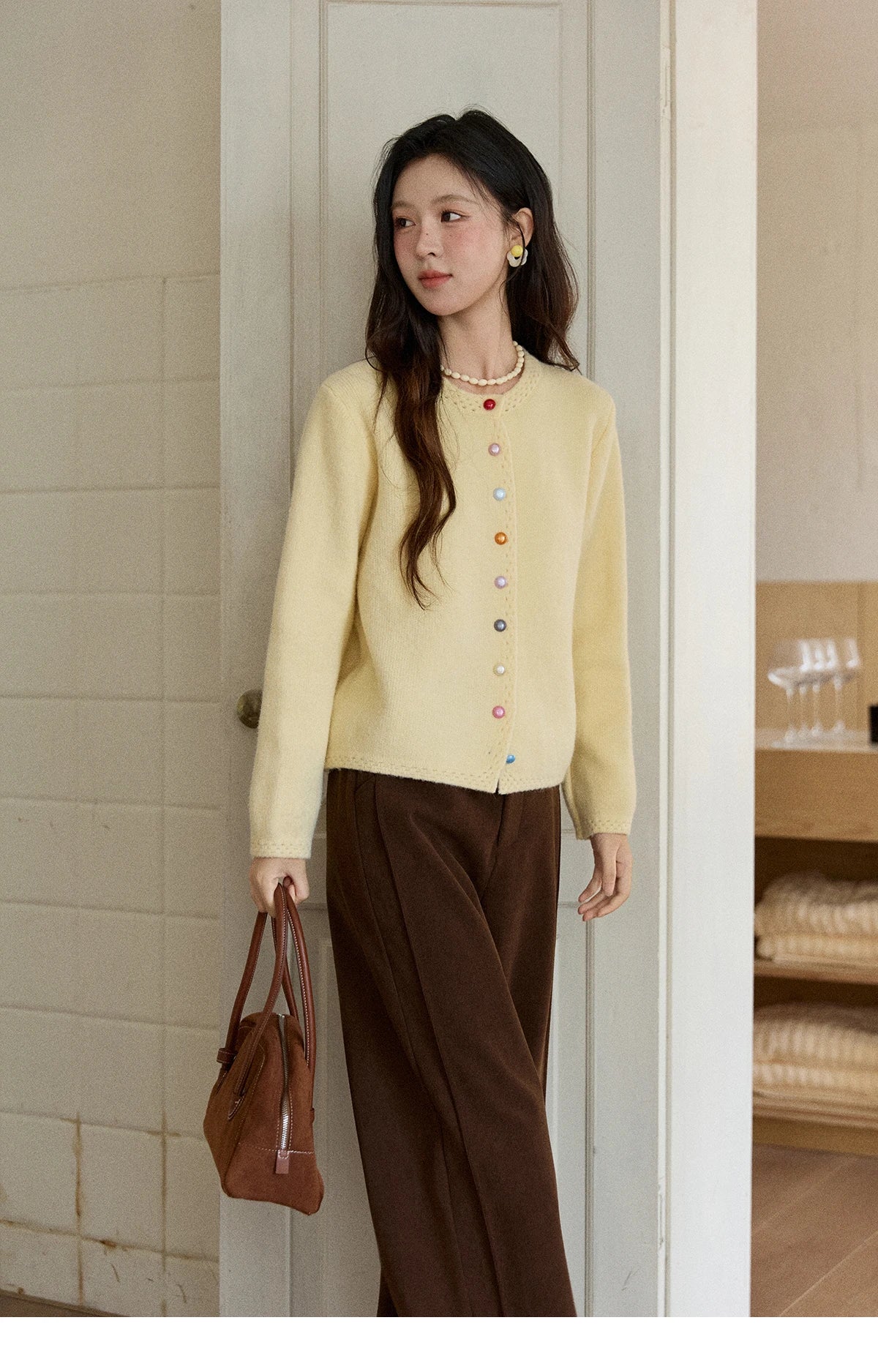 MISHOW Women's Cardigan 2025 Slim Fit Hollow Out Round Neck Rainbow Button Sweater French Style Solid Warm Knitwear MXE90Z2796