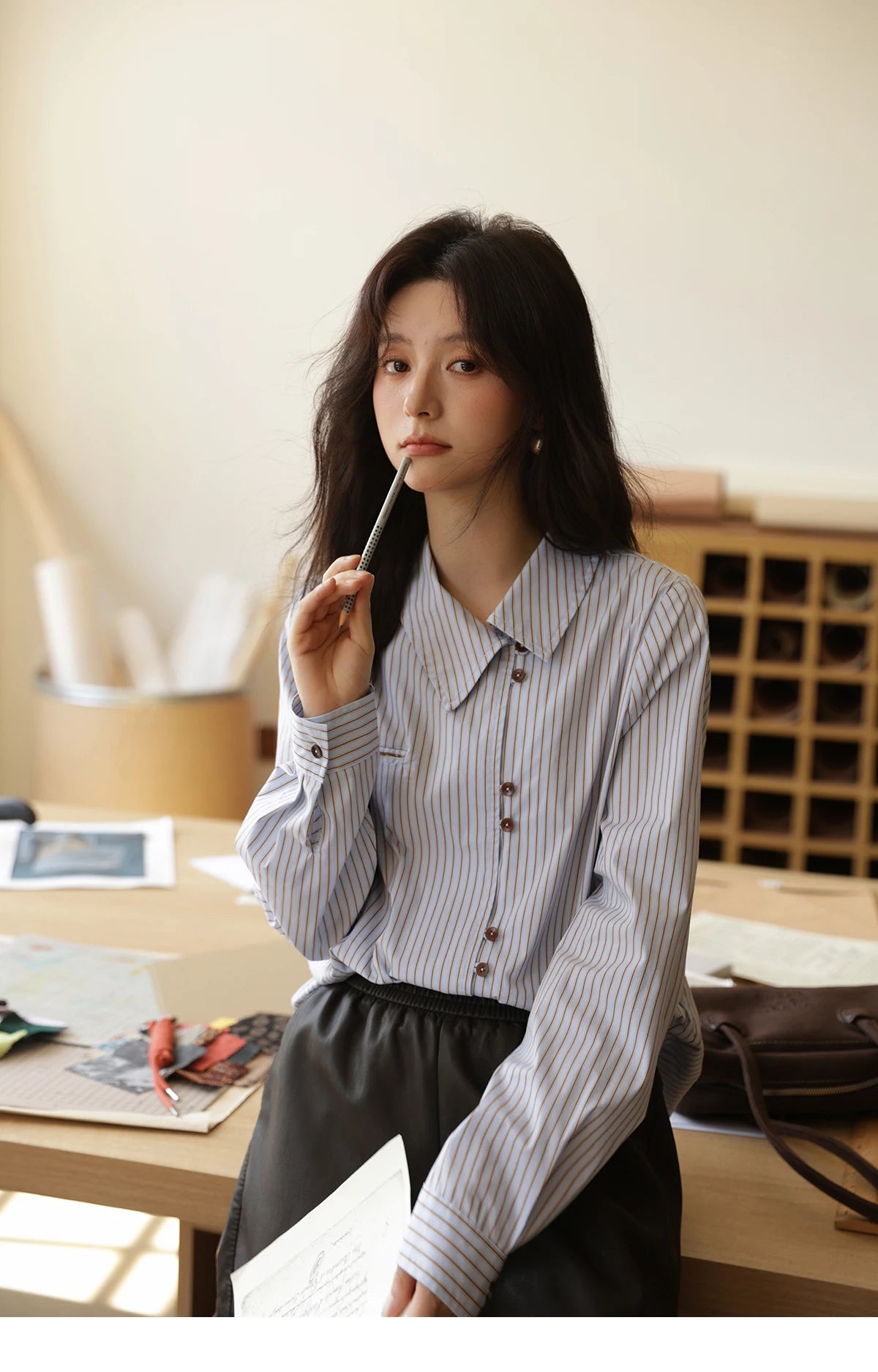 MISHOW Women's Striped Asymmetric Shirt 2025 Autumn New Arrival Vintage Loose Long Sleeve Tops Commuter Woman Clothes MXE42C2375