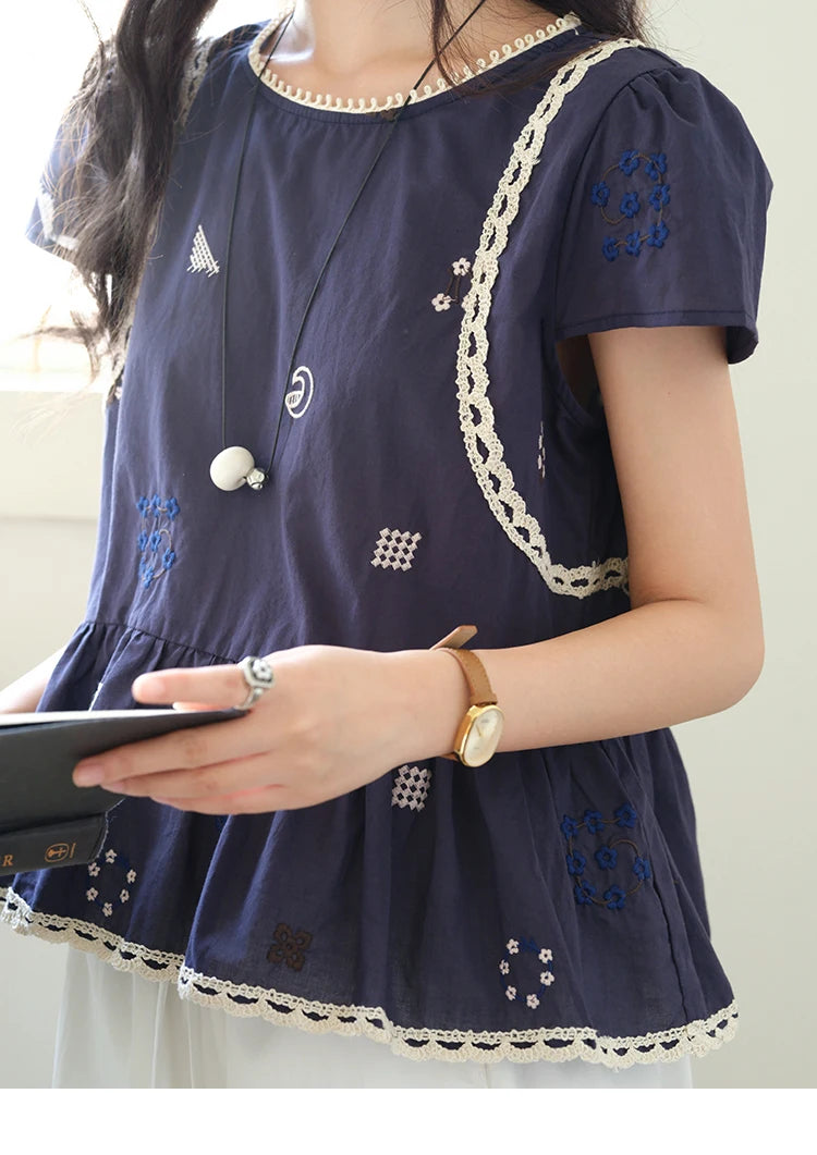 MISHOW Women's O-Neck Spliced Lace Blouse 2025 Summer New Fashion Embroidery Flower Casual Loose Top Ladies Clothing MXE39X1965