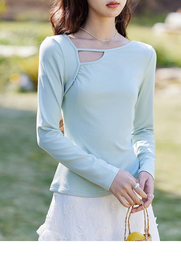 MISHOW Women's Knitted Long Sleeved T-shirt 2025 Spring Outfit Irregular Hollow Neck Tees Slim Solid Color Casual Top MXE13Z1116