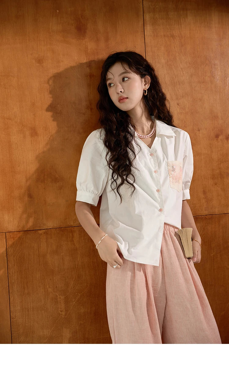 MISHOW Women's 100 Cotton Short Sleeved Shirt Loose 2025 Summer Embroidered Pocket Top Polo Neck Puff Sleeve Shirts MXD26C0243