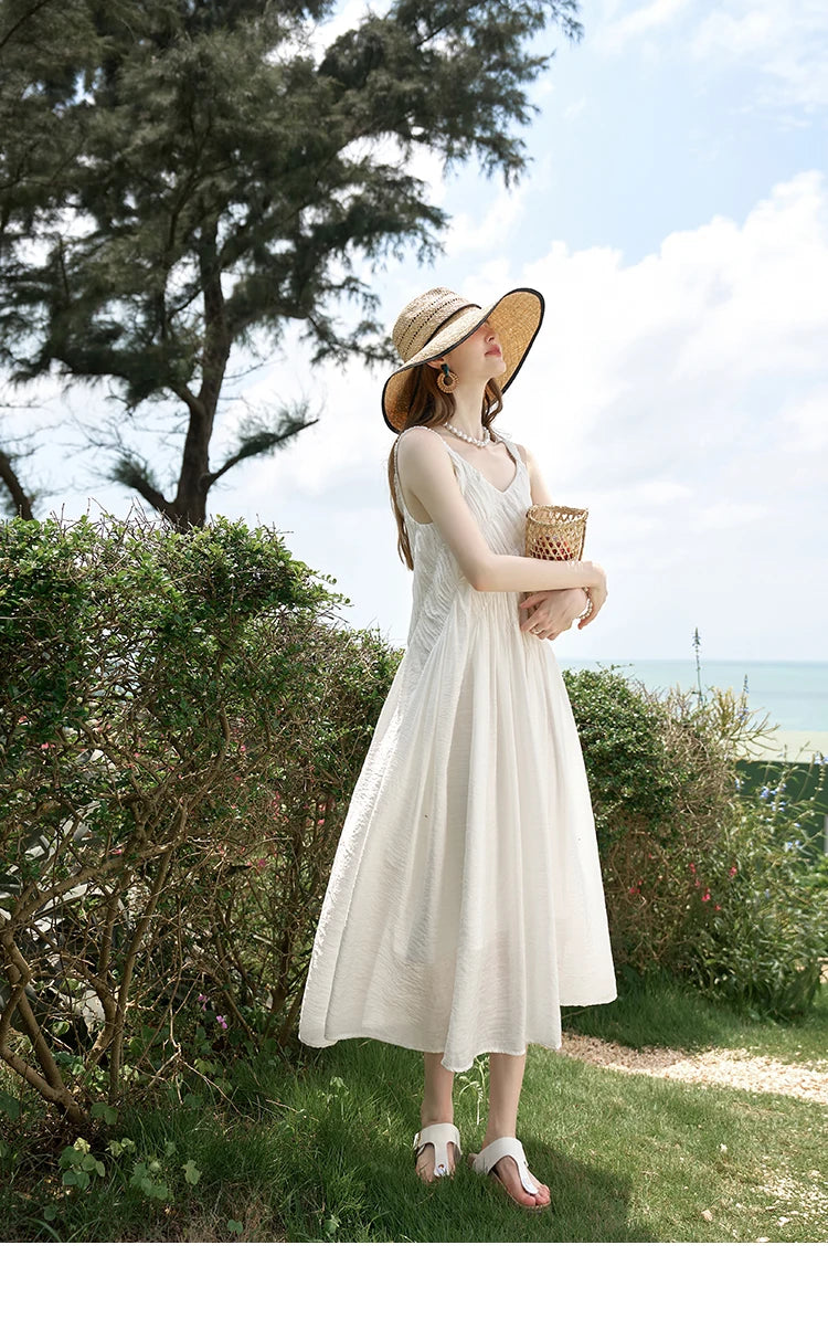 MISHOW French Retro Pleated Upper Suspender Dress for Women 2024 Summer Vacation Sleeveless Solid Mid Length Dresses MXD26L1939