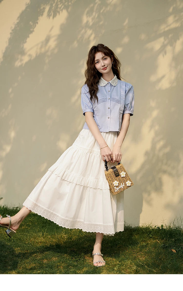 MISHOW Women's Summer Button Up Shirt Puff Sleeve Blouse Lace Lapel French Retro Contrast Top Korean Popular Clothes MXD26X1451