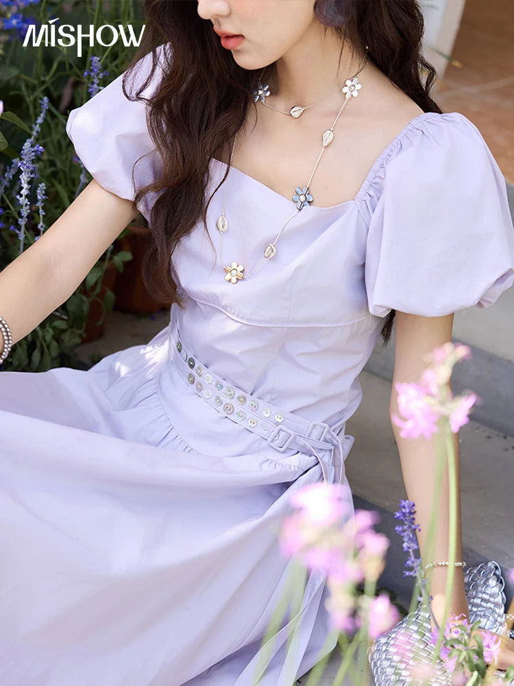 MISHOW French Purple Dresses Women Summer 2025 Solid Short Puff Sleeve Square Neck Slimming Dress Woman New Fashion MXE34L2222