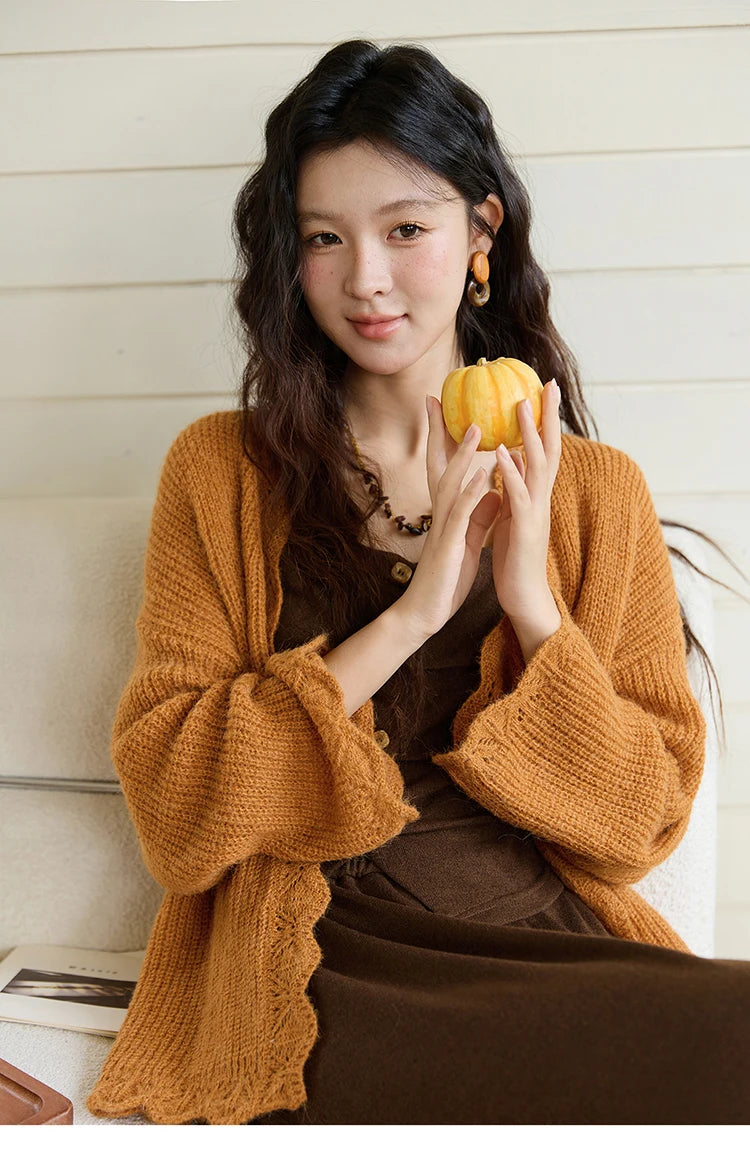 MISHOW Pumpkin Knitted Cardigan for Women Autumn 2025 Loose Wavy Edge Sweater Hollow Out Dropped Sleeves Cardigans MXE46Z2505